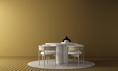 Wall Mural - Home and decor and modern dining room interior design and cozy dining table decor and yellow pattern wall background. 3D rendering. 