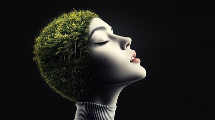 Wall Mural - woman with a green head is staring at the camera