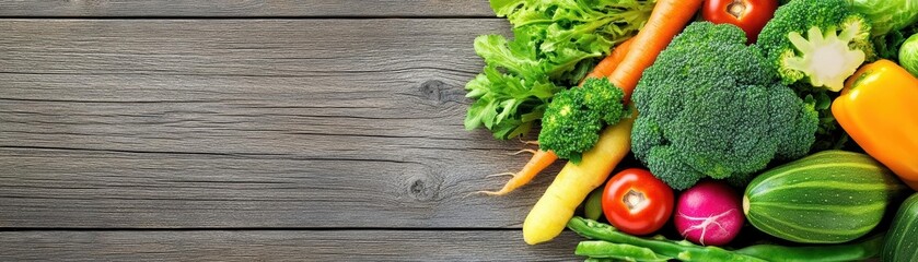 Poster - Fresh assorted vegetables arranged on rustic wooden background for healthy cooking and nutrition