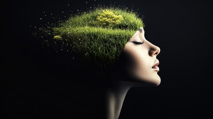 Wall Mural - woman's face is shown with a green grassy head