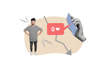 Poster - Collage photo of young angry dissatisfied blogger man student hands waist hold phone no likes without popularity isolated on beige color background