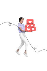 Leinwandbilder - Collage 3d image of pinup pop retro sketch of excited young woman go hold carry heart icon social media notification successful blogger