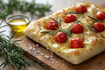 Wall Mural - Focaccia bread with tomatoes, rosemary and olive oil