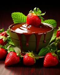 Wall Mural - Ripe Strawberry Dipped in Chocolate Fondue on Sweet Greenbackground