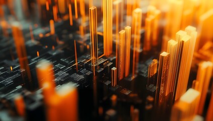 Poster - Abstract city, futuristic, orange skyscrapers, data flow
