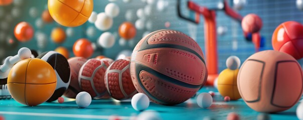 Wall Mural - 3d render of basketballs and various sports balls in motion on a basketball court