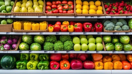 Poster - Variety of fresh fruits and vegetables displayed in a supermarket produce section