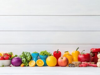 Poster - Assorted fruits and vegetables arranged on a white table showcasing vibrant colors and fresh produce