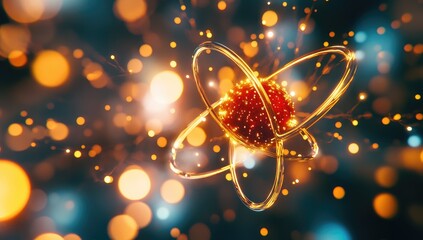 Poster - Abstract Atom Illustration, Golden Rings, Bokeh Background