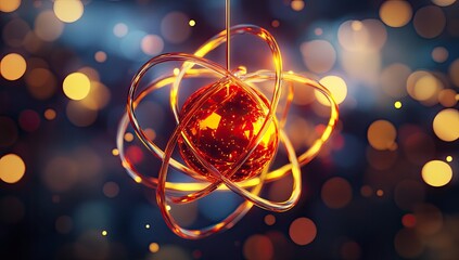Poster - Abstract atom model, glowing, dark background, bokeh lights, scientific illustration