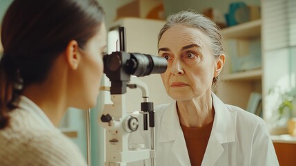 A female ophthalmologist uses ophthalmic equipment to diagnose the eyesight of an elderly patient.