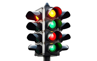 Poster - A tall traffic light with red, yellow, and green signals, isolated on a empty plain background