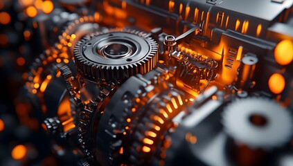 Poster - Abstract gears machinery close-up with glowing interior