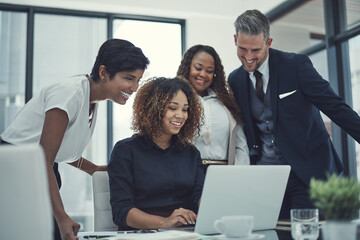 Aufkleber - Laptop, happy or business people in meeting with news for feedback, discussion or teamwork. Corporate report, online research or financial advisor talking to economists for economy or collaboration