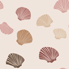 Wall Mural - Seamless Pattern of Pastel Seashells on Neutral Background in Design