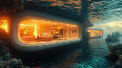 Wall Mural - Underwater futuristic office glows warmly