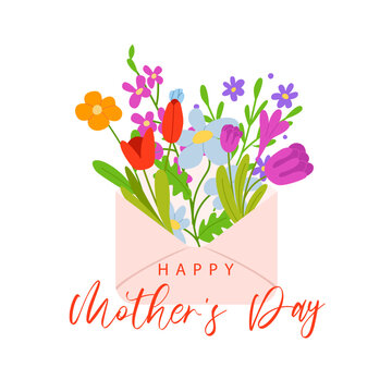 Happy Mother's Day greeting card. Envelope with flowers. Vector illustration for poster, print, promotional materials, website.