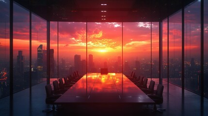 Wall Mural - Sunset cityscape view from modern office boardroom