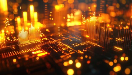 Poster - Abstract city on circuit board, glowing data, futuristic background