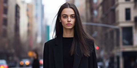 Wall Mural - A woman in a black coat and long hair stands on a city street. The scene is urban and busy, with cars and people in the background. The woman is a model, possibly posing for a photo shoot