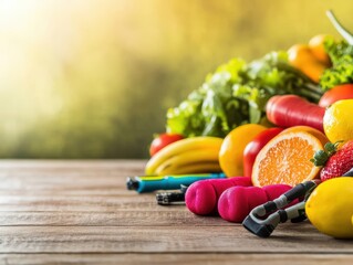 Poster - Assorted fresh fruits and vegetables arranged on a rustic wooden table background