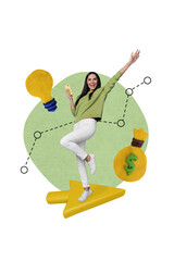 Poster - Collage artwork graphics picture of smiling happy lady earning cryptocurrency modern device isolated painting background