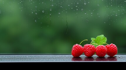 Poster - A bunch of raspberries sitting on top of a window sill