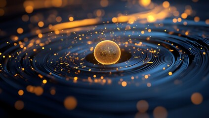Poster - Abstract sphere in swirling rings, glowing particles
