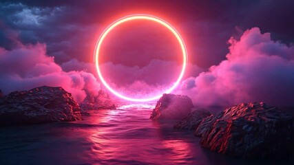 Wall Mural - neon portal in the clouds: a surreal and otherworldly scene with a glowing pink neon circle hovering