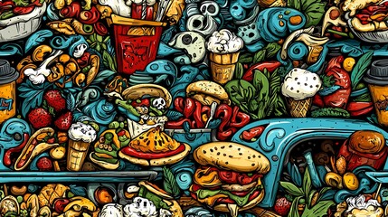  Colorful doodle food truck illustration; various fast foods, desserts, and drinks; background filled with similar food items; ideal for restaurant menus or food blogs