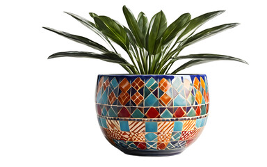 Poster - A colorful desk plant in a ceramic pot with geometric patterns, isolated on a empty plain background