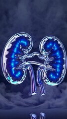 Poster - Futuristic kidneys pulsating with vibrant blue and red energy, surrounded by swirling mist, creating a medical and sci-fi aesthetic