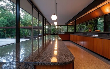 Wall Mural - A modern kitchen featuring a sleek countertop, wooden cabinetry, and large windows that offer a view of the surrounding greenery.