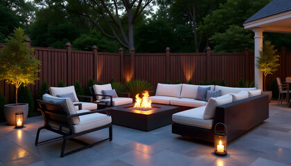 Highly detailed 3D render of a modern patio with stylish fire pit and cozy seating arrangement