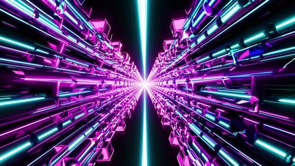 Fototapete - Camera movement through a futuristic corridor of vibrant reflective cubes, leading toward a glowing horizon under a colorful sky