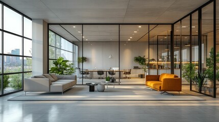 Wall Mural - Modern office waiting area, sunlight, stylish sofas.