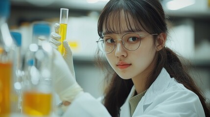 Poster - in a contemporary laboratory, a focused scientist in a lab coat carefully analyzes a test tube fille