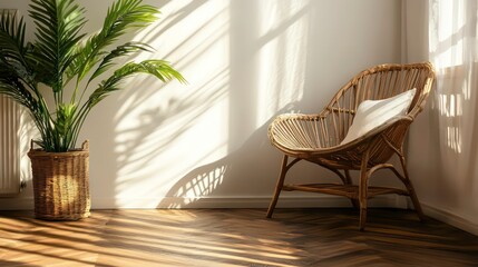 Poster - Sunlit room with wicker chair, potted plant, and wooden floor.