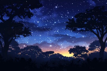 Poster - starry sky with scattered clouds and silhouette of trees against a twilight horizon, evoking a sense