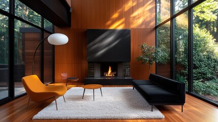 Wall Mural - A modern living room featuring sleek furniture, a cozy fireplace, and large windows showcasing a lush outdoor view.