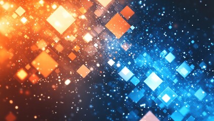 Poster - Abstract digital design, orange and blue squares, glittering particles