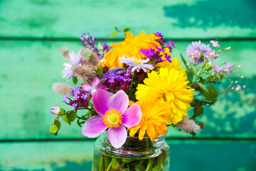 Wall Mural - bouquet of summer  flowers in a vase - Happy Birthday greeting card