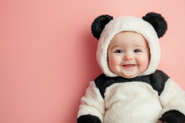 Wall Mural - lovely happy smiling baby in panda pajamas sitting on plain light pink background with copy space