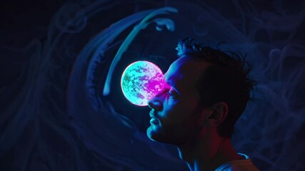 Aufkleber -  A man's face merging with planet Earth, surrounded by drifting nebula clouds and distant stars,