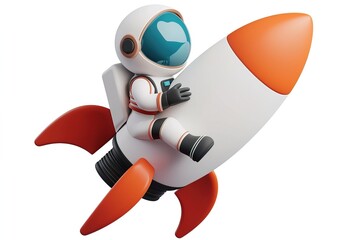 Wall Mural - cute 3d cartoon illustration astronaut in spacesuit and helmet sitting on a flying space rocket isol
