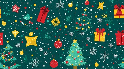 Festive Christmas pattern gifts, trees, and snowflakes on teal background; ideal for holiday cards, wrapping paper, or website design