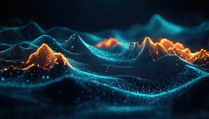 Aufkleber - Abstract digital mountains, glowing particles, dark background