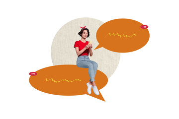 Poster - Collage picture young girl sit textboxes message communication phrases replies social media network notification internet virtual speech
