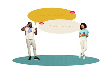 Poster - Creative collage young girl man communication social media messenger smartphone remote speech notification reply answer cite