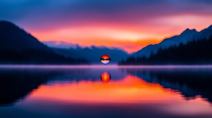 Canvas Print - A sunset over a lake with mountains in the background